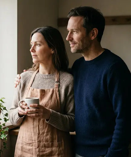 A couple stands together in their kitchen