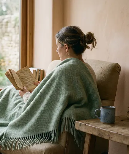 A woman reads a book while relaxing on a couch, positioned in front of a window that lets in bright daylight.