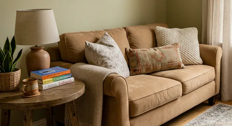 A comfortable couch with pillows, placed in front of a window, with a lamp providing warm light.