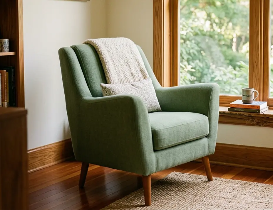 A green chair positioned in front of a large window, allowing natural light to illuminate the space.