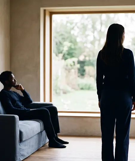 A man and woman sit together in a cozy living room