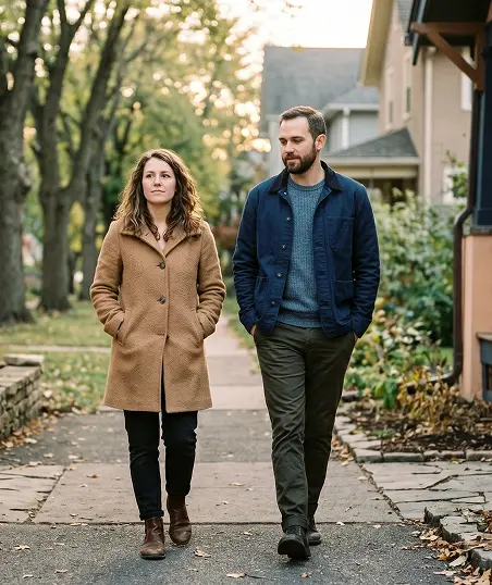A man and woman stroll together on a sidewalk, with a house visible in the background.
