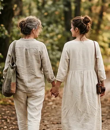Two women walk hand in hand through a serene forest, surrounded by tall trees and dappled sunlight.
