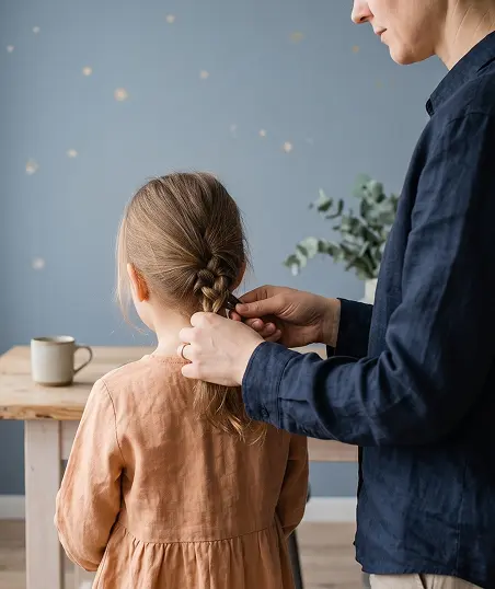A woman gently styles a little girl's hair