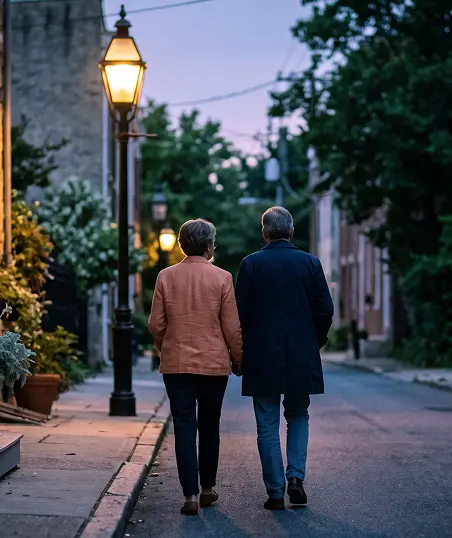 An older couple strolls hand-in-hand down a quiet street at dusk