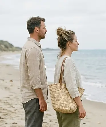 A couple stands on the sandy beach