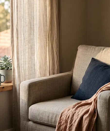 A chair adorned with a decorative pillow and a potted plant resting on its seat.