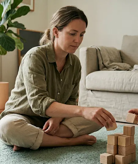 A woman and a child are engaged in play, stacking colorful wooden blocks together on a table.