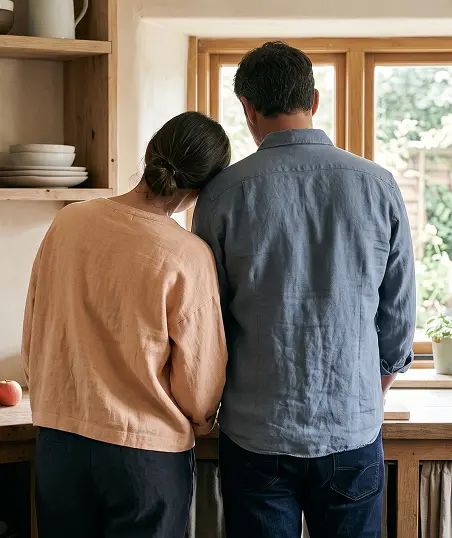 A man and woman stand together in front of a large window