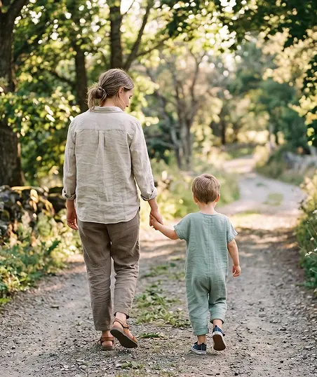 A mother and her son stroll together along a wooded path, surrounded by trees and natural greenery.