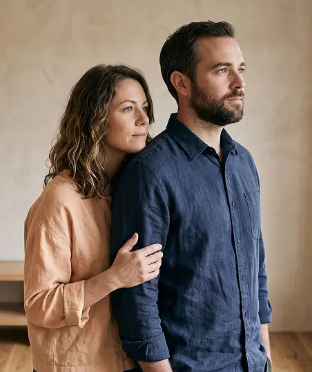 A man and woman stand side by side in a room, both looking towards the camera with friendly expressions.
